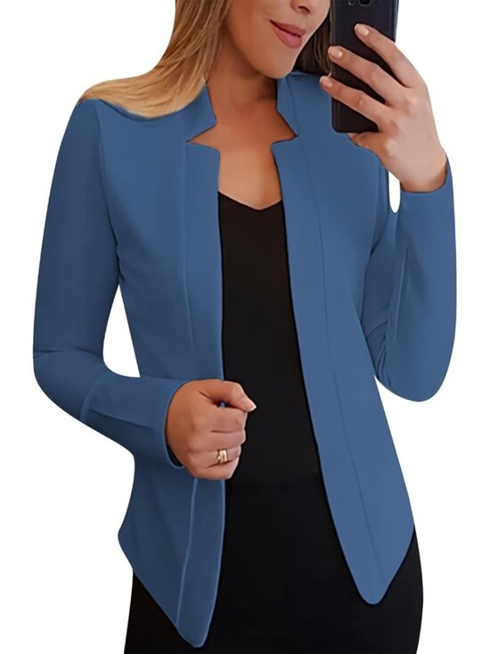Jackets & Blazers - Women's Blue Long Sleeve Notched Lapel Blazer Solid Color Open Front Casual